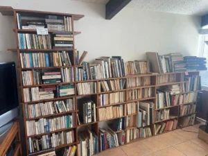 Bookshelves filled with various books line the wall of a room with tiled floors and a window letting in natural light.