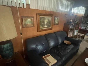 A black leather couch sits against a wood-paneled wall with framed art, next to a lamp and bookshelves.